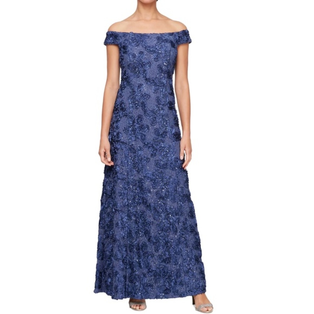 Alex Evenings Navy Blue Off-Shoulder Floral Embellished Wedding Dress